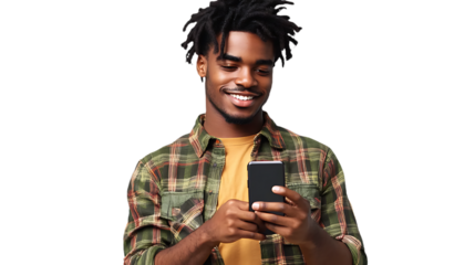 [Transparent Background PNG]African American Man using Smartphone