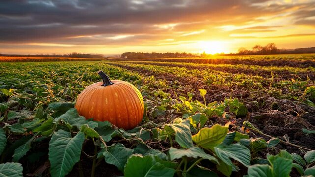 A vibrant pumpkin rests in a field during a picturesque sunset.