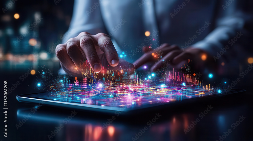 Poster consultant hand interacts with digital tablet displaying vibrant financial graphs and data visualiza