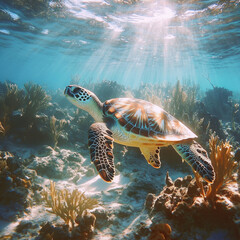 Fototapeta premium Underwater Scene Featuring a Graceful Sea Turtle Swimming Through Crystal Clear Waters Surrounded by Vibrant Coral and Aquatic Vegetation in a Tropical Environment