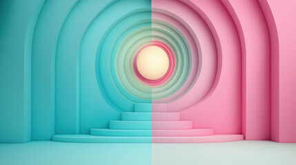 Naklejka premium Eternity, A surreal image featuring an infinite staircase that spirals around a glowing element, creating a visually captivating and dreamlike atmosphere.