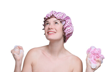 Woman with shower cap and mesh sponge on white background