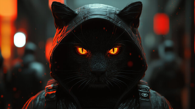 Mystical black cat with glowing orange eyes wearing a hood in a cyberpunk cityscape at night