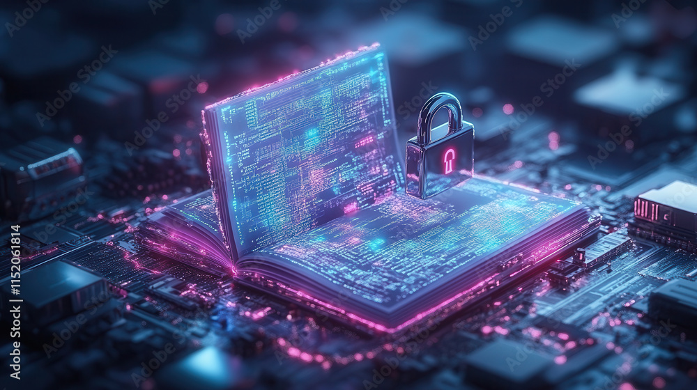Poster glowing digital book with padlock symbolizes data security and privacy