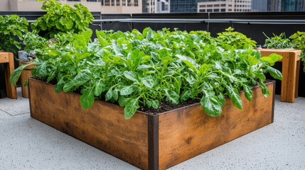 Fototapeta premium Recycle conservation renewal sustainability concept. Lush greenery in a wooden planter on a rooftop garden with urban backdrop.