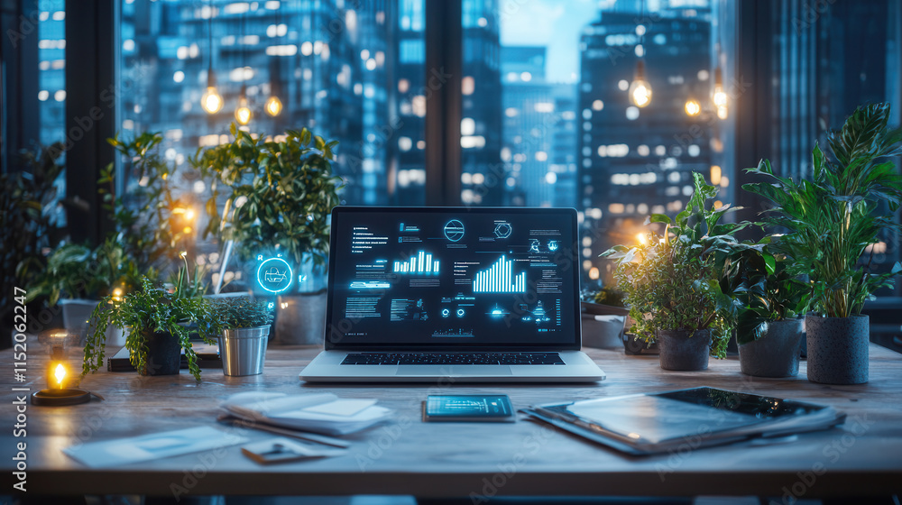 Poster laptop displaying data analytics sits on desk surrounded by plants, creating serene workspace atmosp