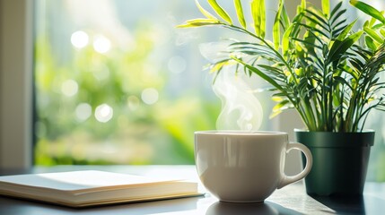 Serene Morning Scene with Coffee and Green Plant