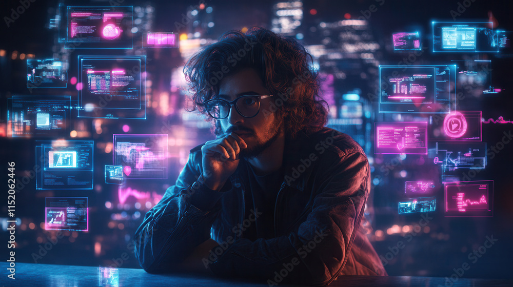 Poster thoughtful man with glasses surrounded by digital data and graphs, reflecting on technology impact