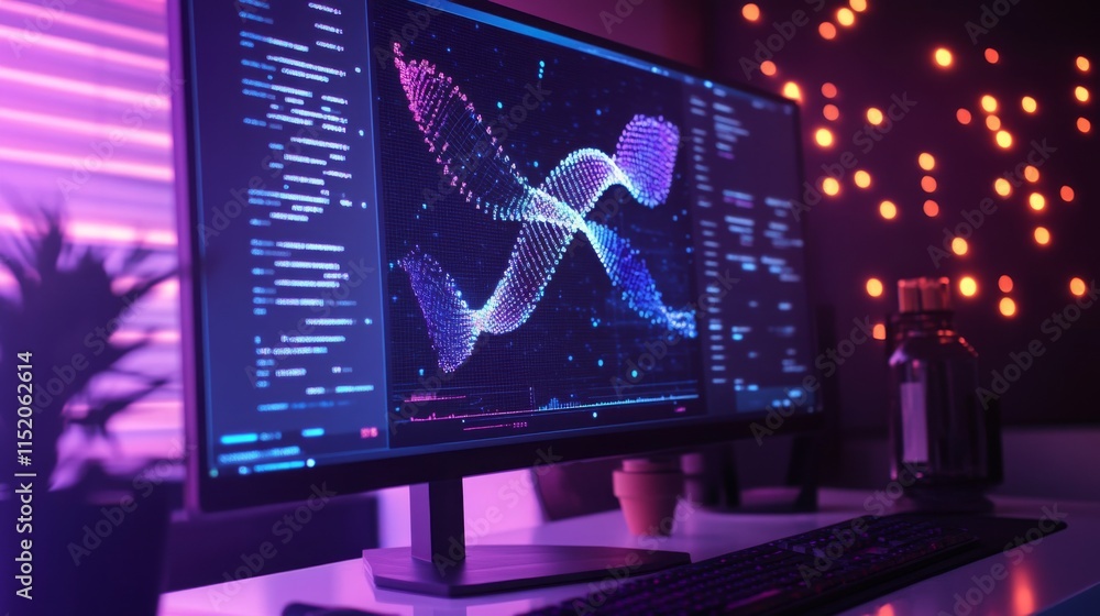 Poster A vibrant display showcasing intricate data patterns is presented on a computer monitor in a well-lit workspace.