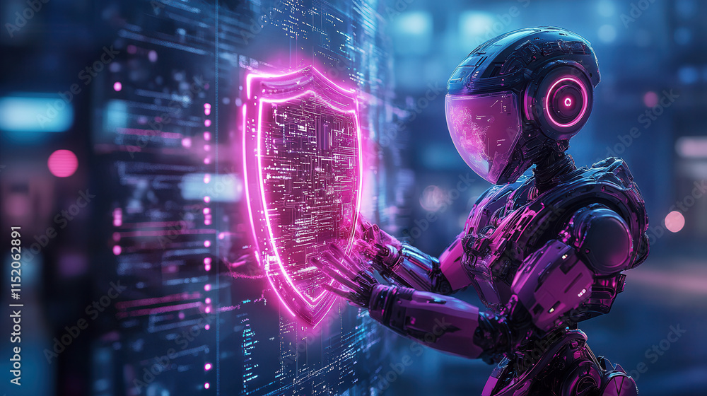 Poster privacy conscious ai robot interacts with glowing shield, symbolizing security and technology