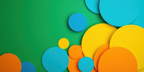 Abstract Geometric Composition of Overlapping Circles in Vibrant Yellow, Orange, and Blue Hues on a Green Background