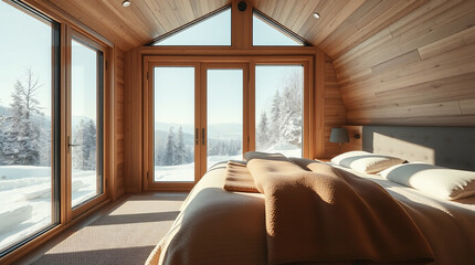 A bedroom with large wood-framed windows showcasing a snowy winter landscape. The room features wood paneling, a bed with beige linens, and sunlight streaming in.