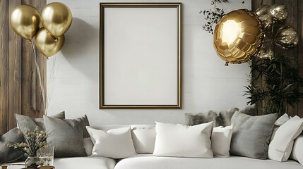 Gold Balloons and Sofa Decor Mockup
