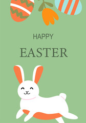 Happy easter greeting with bunny and colorful eggs on green background. Easter abstract modern geometry card.