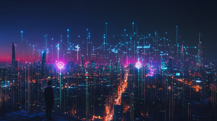 Fototapeta premium Smart digital city with connection cyber security network reciprocity over the cityscape . future smart wireless digital city and social media networking systems that connects people within the city