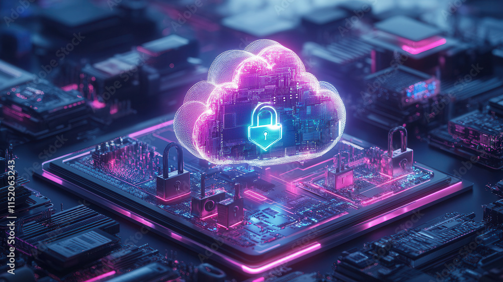 Poster secure cloud icon with lock, surrounded by digital circuits and technology
