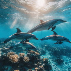 Fototapeta premium Graceful Dolphins Swimming in Vibrant Coral Reef Below Clear Turquoise Water Under Bright Sunlight in a Peaceful Ocean Environment