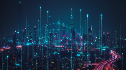 Smart digital city with connection cyber security network reciprocity over the cityscape . future smart wireless digital city and social media networking systems that connects people within the city