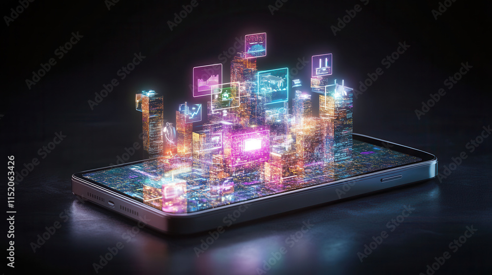Poster smartphone displays glowing privacy settings and digital data visualizations, showcasing modern tech
