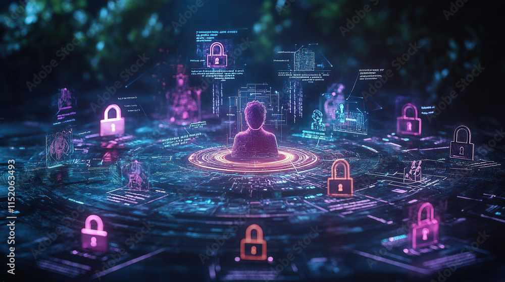 Poster user profile surrounded by digital padlocks, symbolizing privacy and security in futuristic setting