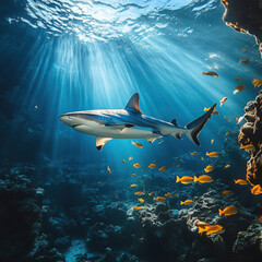 Obraz premium Underwater Scene of a Majestic Shark Swimming in a Clear Ocean with Shimmering Sunlight Filtering Through the Water and Colorful Fish Around the Coral Reefs