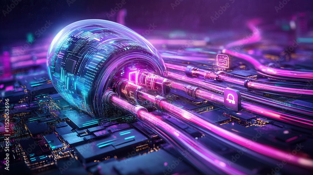 Poster vibrant abstract representation of digital connectivity and security, showcasing colorful data strea
