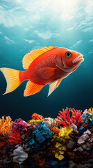 Fototapeta premium Recycle conservation renewal sustainability concept. Vibrant orange fish swimming above colorful coral reef in clear ocean water.