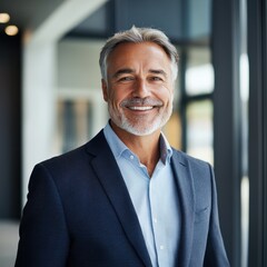 Fototapeta premium A portrait of a successful senior businessman consultant smiling confidently at the camera inside a modern office building.