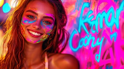 Obraz premium Woman with bright face paint, grinning beside neon graffiti.