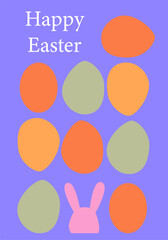 Colorful easter eggs and bunny design on purple background. Easter card modern design