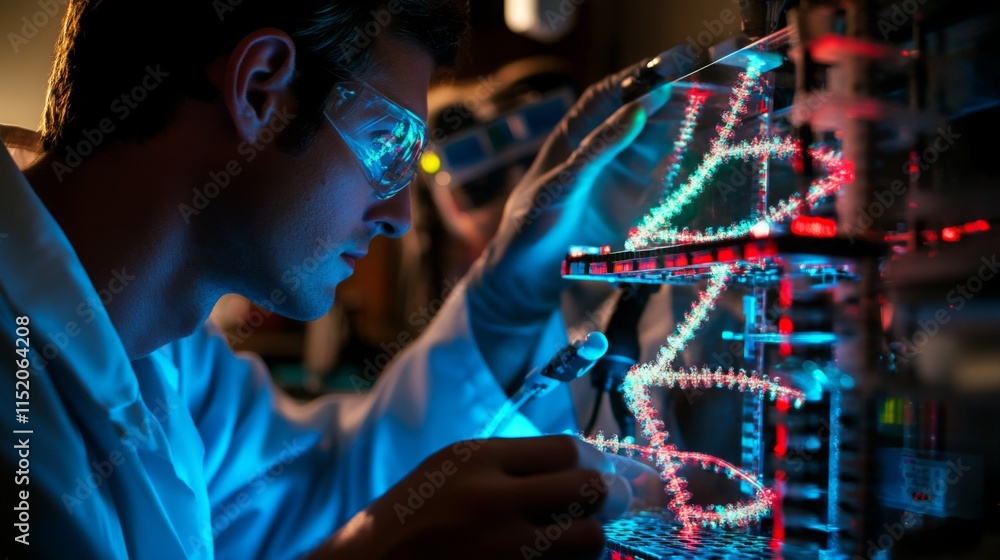Leinwandbilder A scientist focuses on intricate circuitry, connecting bio-computer systems in a dimly lit lab. The vibrant lights illuminate the complex equipment, showcasing technological innovation and research.