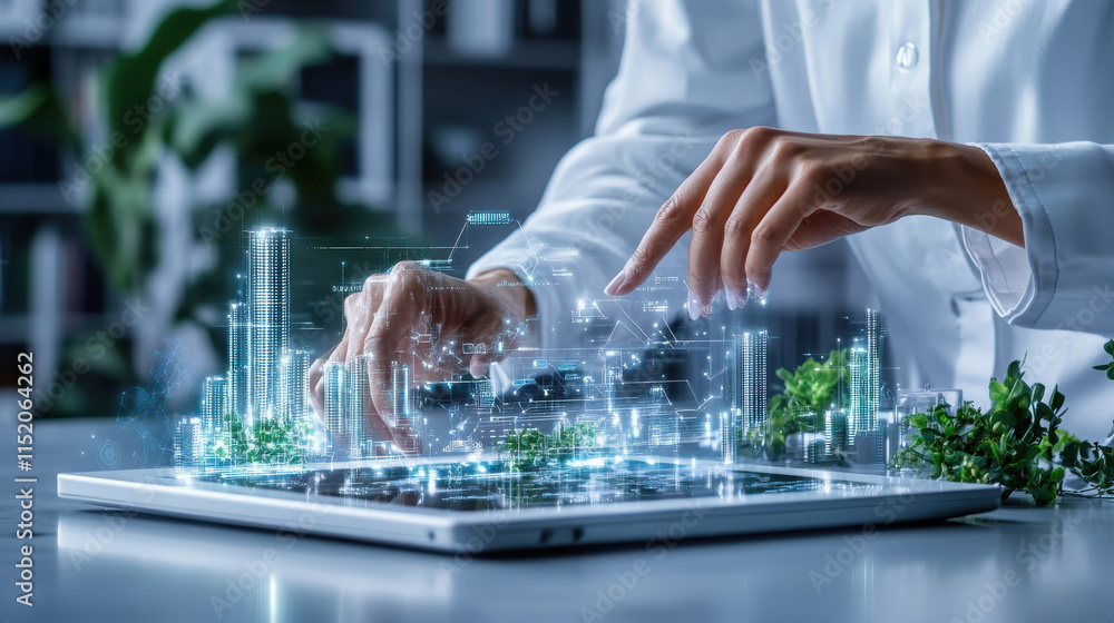 Poster close up of consultant hand interacting with digital tablet displaying urban development concepts an