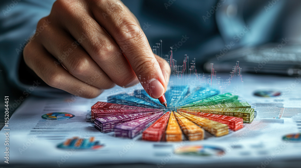 Aufkleber close up of hand pointing at colorful pie chart on paper, showcasing data analysis and business insi
