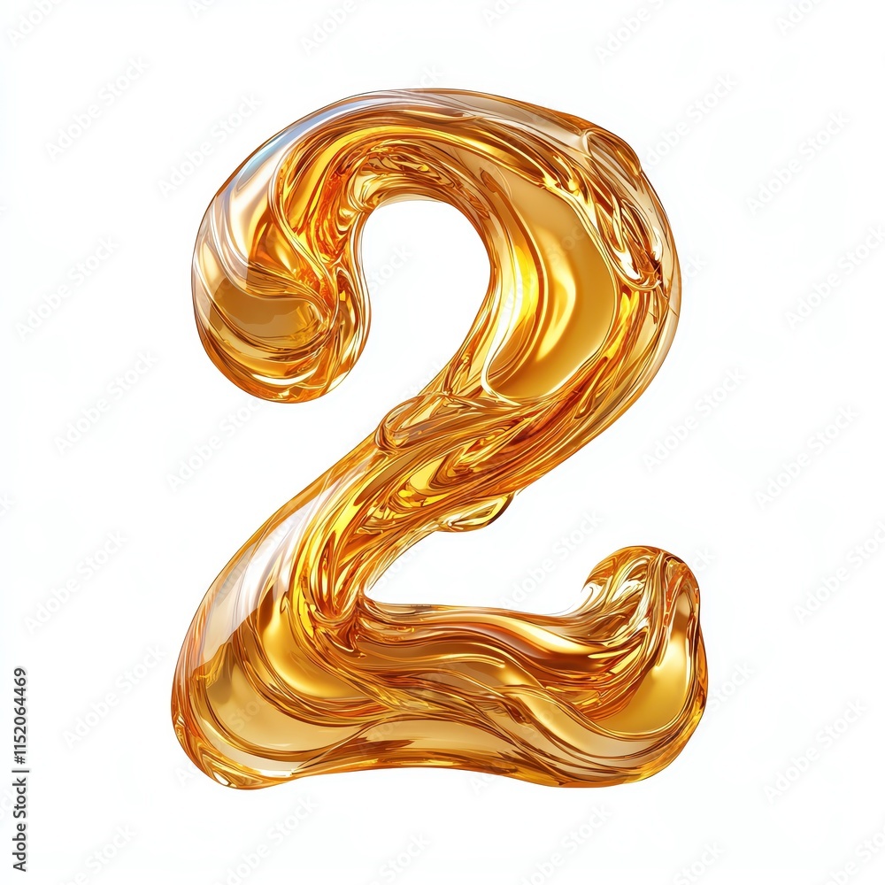 Poster artistic representation of the number two made with golden liquid swirls.