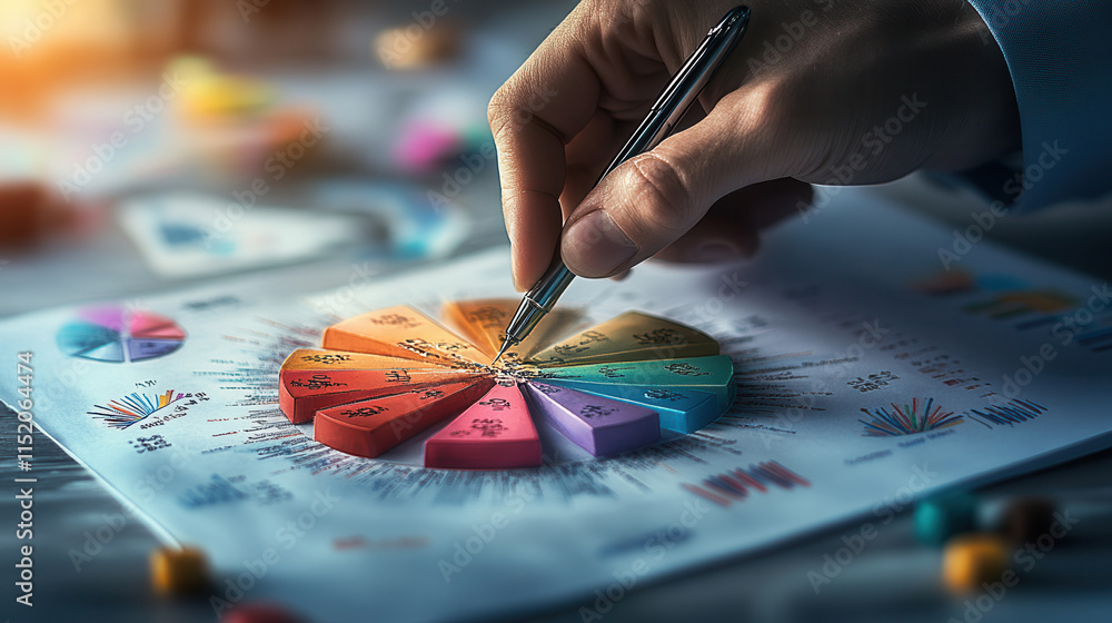Poster close up of hand analyzing colorful pie chart on paper, showcasing data insights and trends