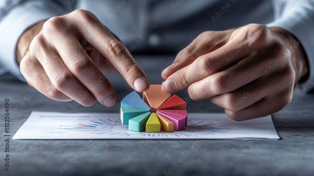 Poster close up of hands adjusting colorful pie chart on paper, showcasing data analysis