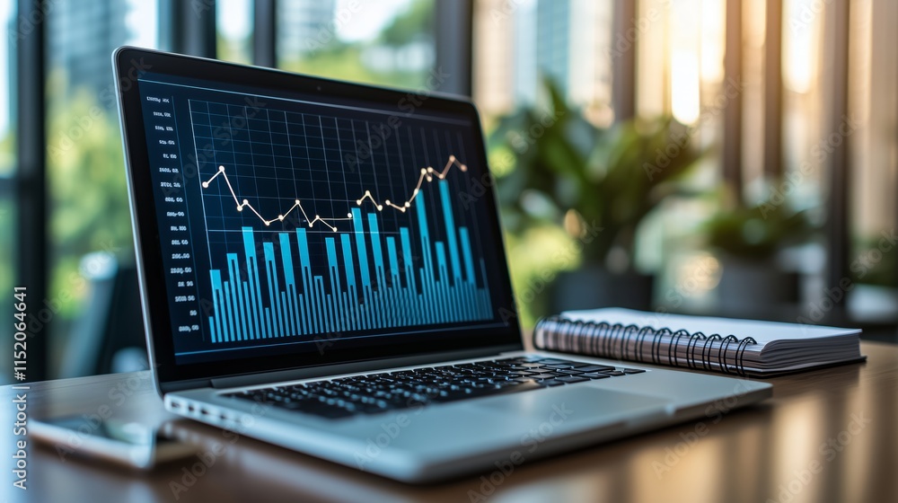 Poster data analysis on laptop with graphs and charts in office