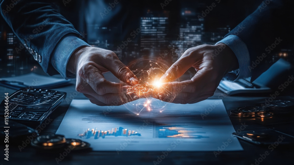 Aufkleber close up of hands manipulating business proposal with glowing data visualization, showcasing innovat