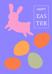 Happy easter card with pink bunny and colorful eggs on purple background. Easter abstract modern geometry card.