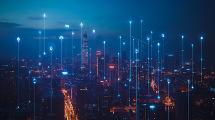 Obraz premium Smart digital city with connection cyber security network reciprocity over the cityscape . future smart wireless digital city and social media networking systems that connects people within the city