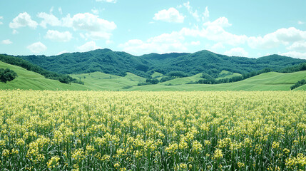 Rolling hills and vibrant yellow field under a blue sky.