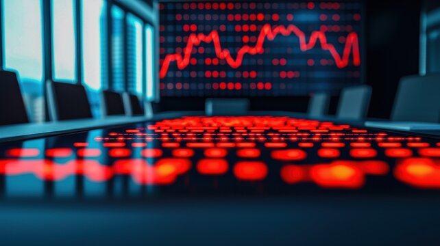 A modern conference room with a digital display showing fluctuating red graphs and illuminated buttons on the table, suggesting a focus on data and strategy.