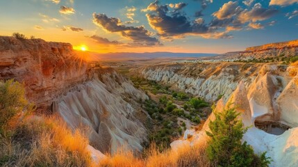 A stunning sunset over a canyon landscape with vibrant colors and dramatic cloud formations.