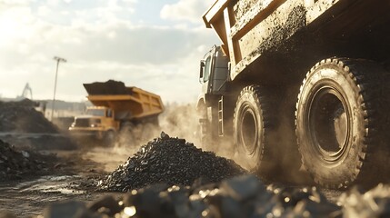 Construction site featuring dump trucks and piles of gravel, showcasing industrial activity.
