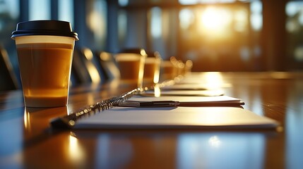 Morning Meeting Table with Coffee Cup and Documents