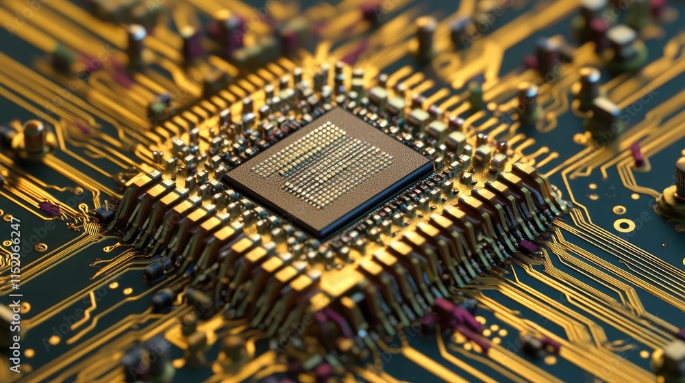 Poster a 3d rendering of a semiconductor microchip surrounded by electrical connections and mounted on a ci