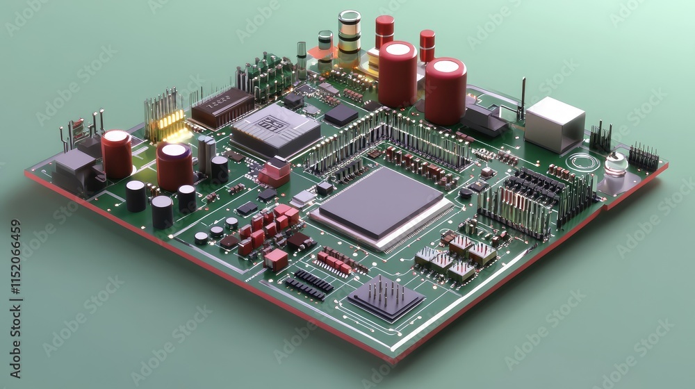 Poster a 3d schematic of a microchip circuit, with labeled pathways, transistors, and processors, illustrat