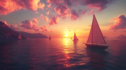 Fototapeta premium A serene sunset over calm waters with sailboats silhouetted against a colorful sky.