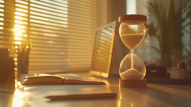 Elegant Hourglass on Desk with Soft Sunlight in Background
