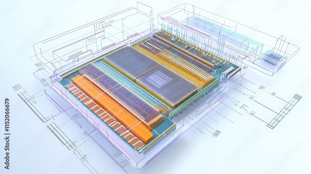 Poster a 3d schematic of a microchip circuit, with labeled pathways, transistors, and processors, illustrat